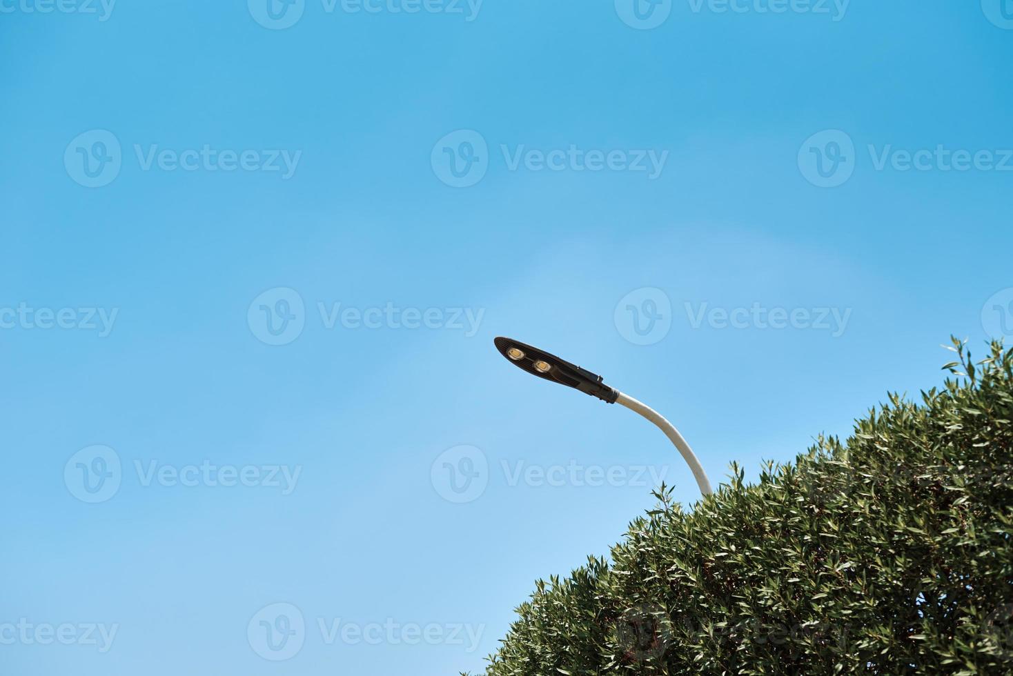 energi sparande led lampa i gata lampa mot blå himmel, närbild foto