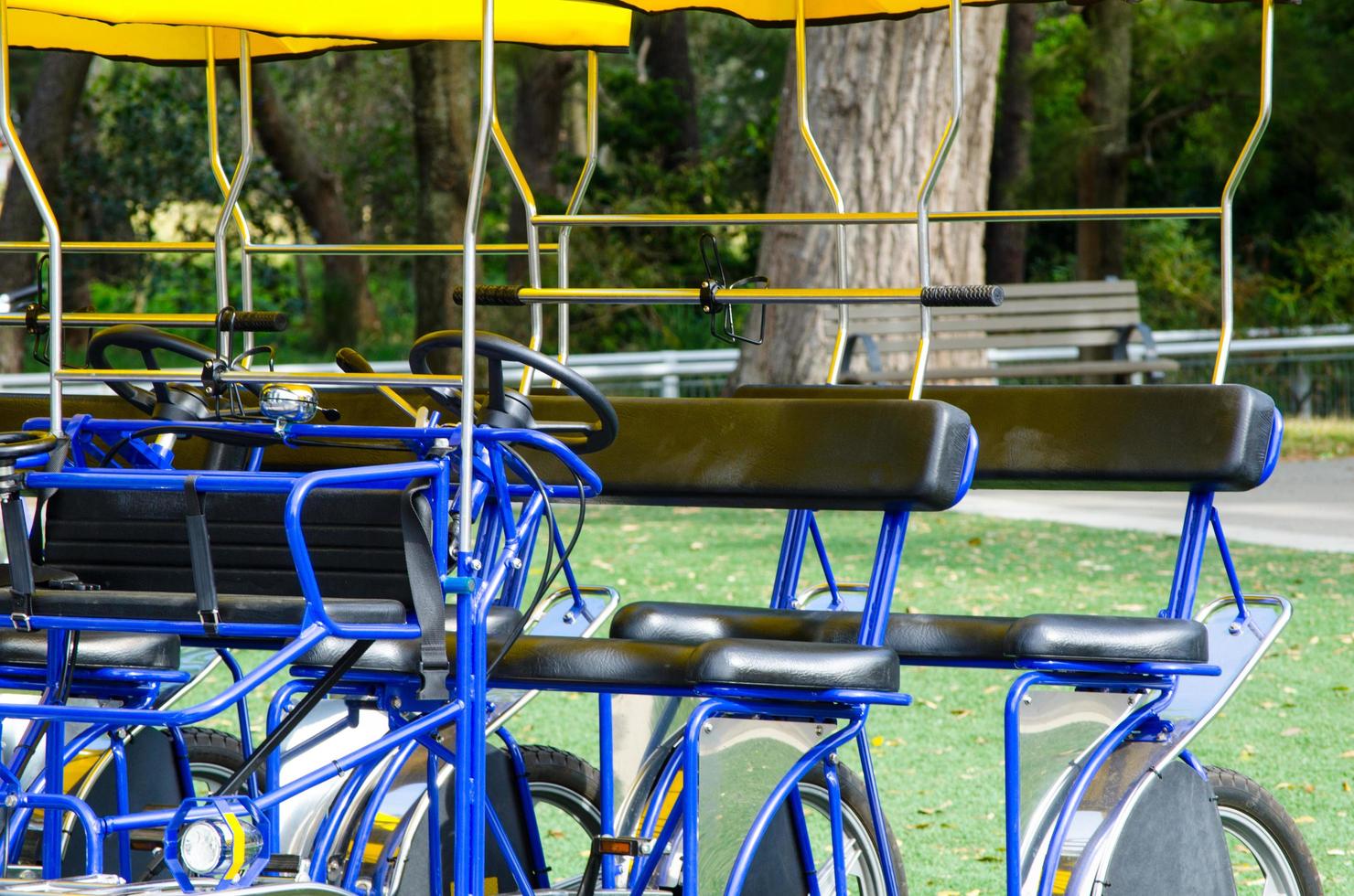 surrey cykel med 4 sittplats människor cykler i blå Färg. foto