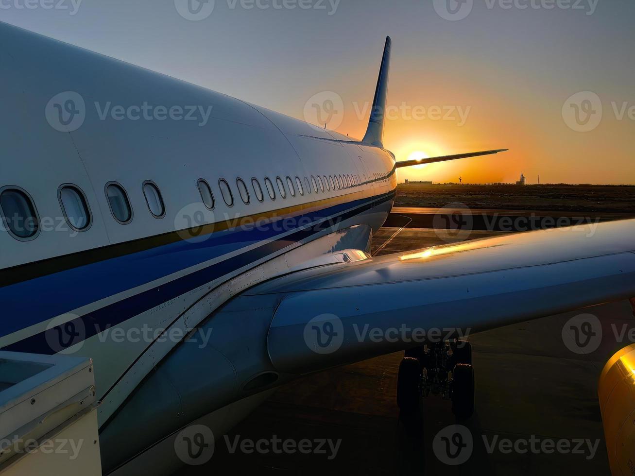 silhuett av en passagerare flygplan landning på de flygplats förkläde mot de bakgrund av de pittoresk orange solnedgång himmel foto