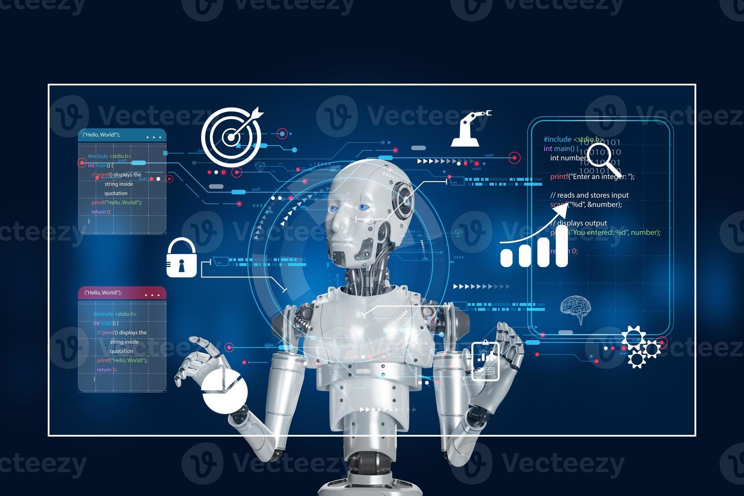 robot programmerare den där användningar artificiell intelligens i data bearbetning programmering digital teknologi med en stor databas programvara utveckling och kodning teknologi med html, php och javascript. foto