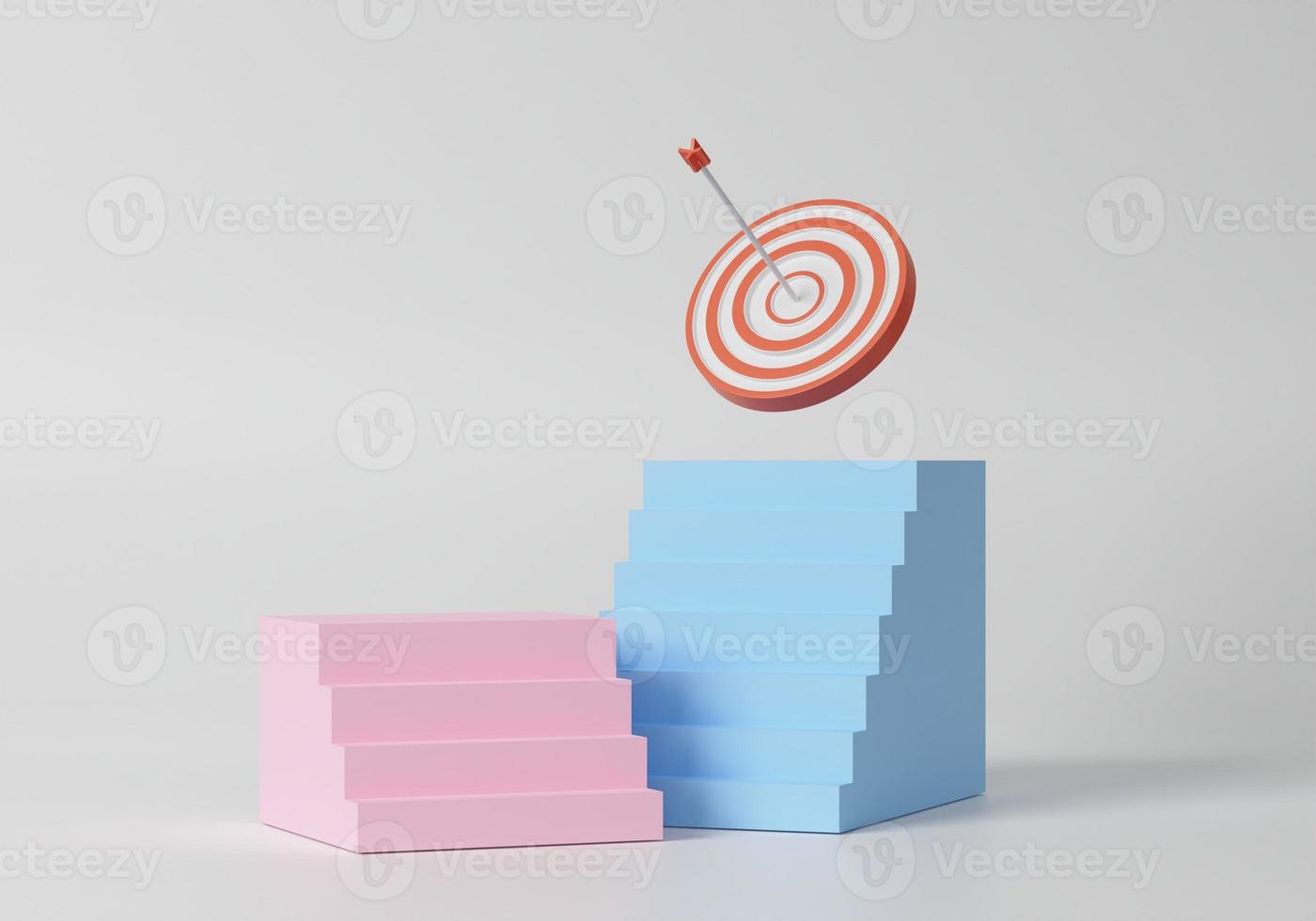 3d steg med röd pil Centrum på topp trappsteg. företag strategi steg till Framgång. mål och mål prestation begrepp. pil träffa på översittare. 3d framställa illustration minimal stil. foto
