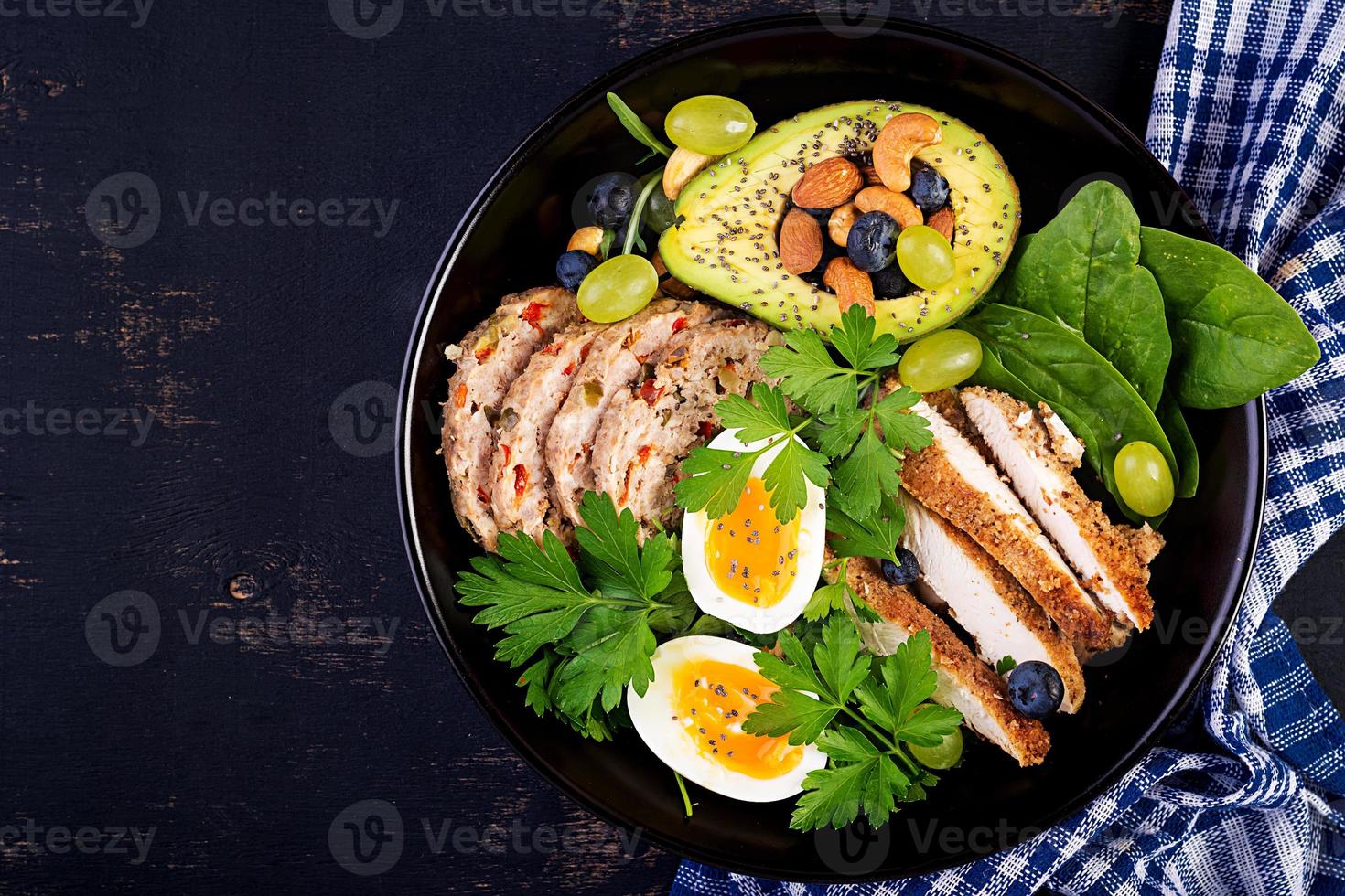 ketogen diet. buddha skål maträtt med köttfärslimpa, kyckling kött, avokado, bär och nötter. detox och friska begrepp. keto mat. över huvudet, topp se, platt lägga foto