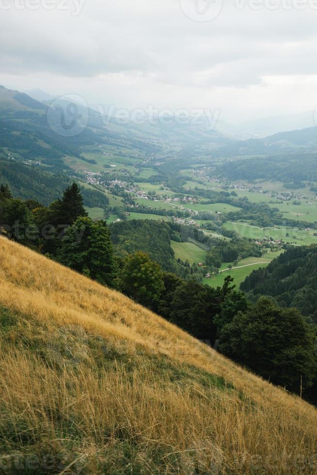 majestätisk bergen i de alps täckt med träd och moln foto