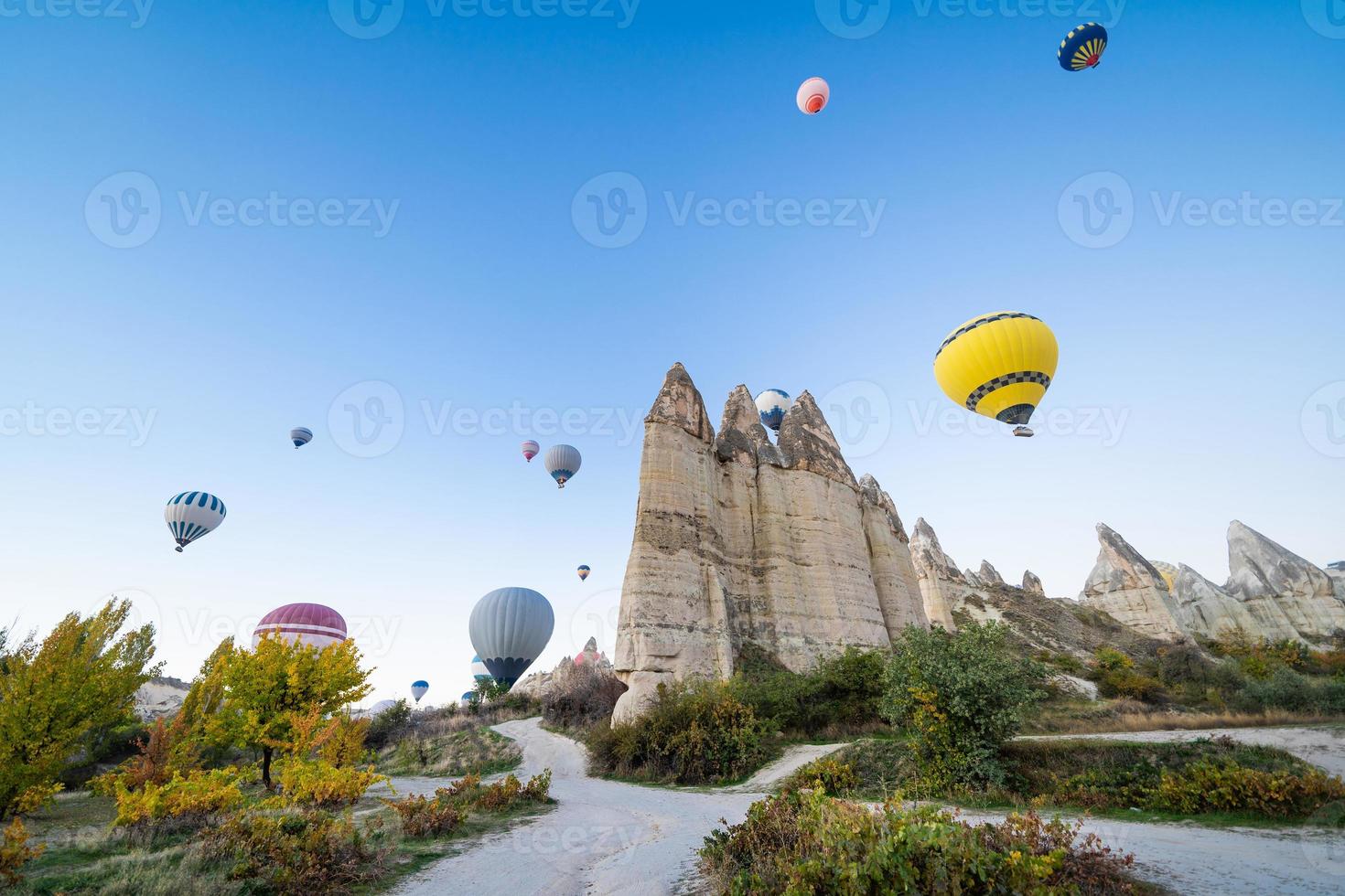 skön landskap flyg av ballonger i de bergen av cappadocia i kärlek dal foto
