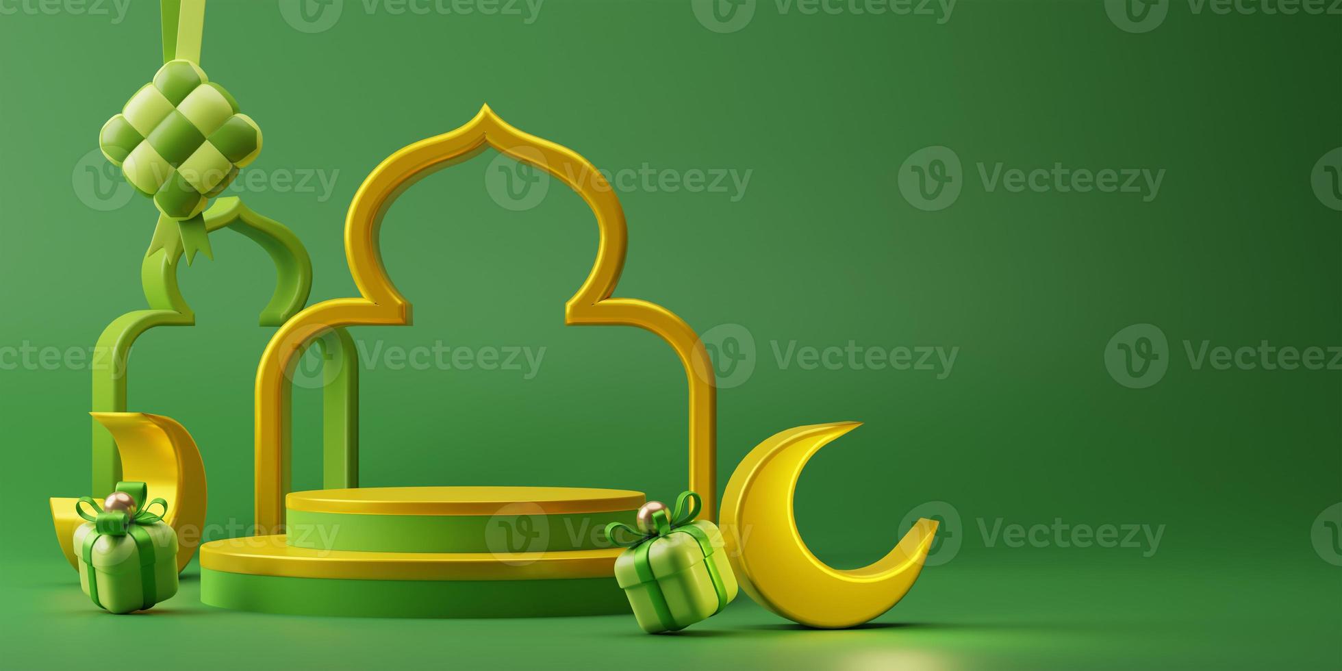 3d produkt visa och islamic festival dekorativ element med tömma Plats för hälsning befordran försäljning kampanj på grön bakgrund foto