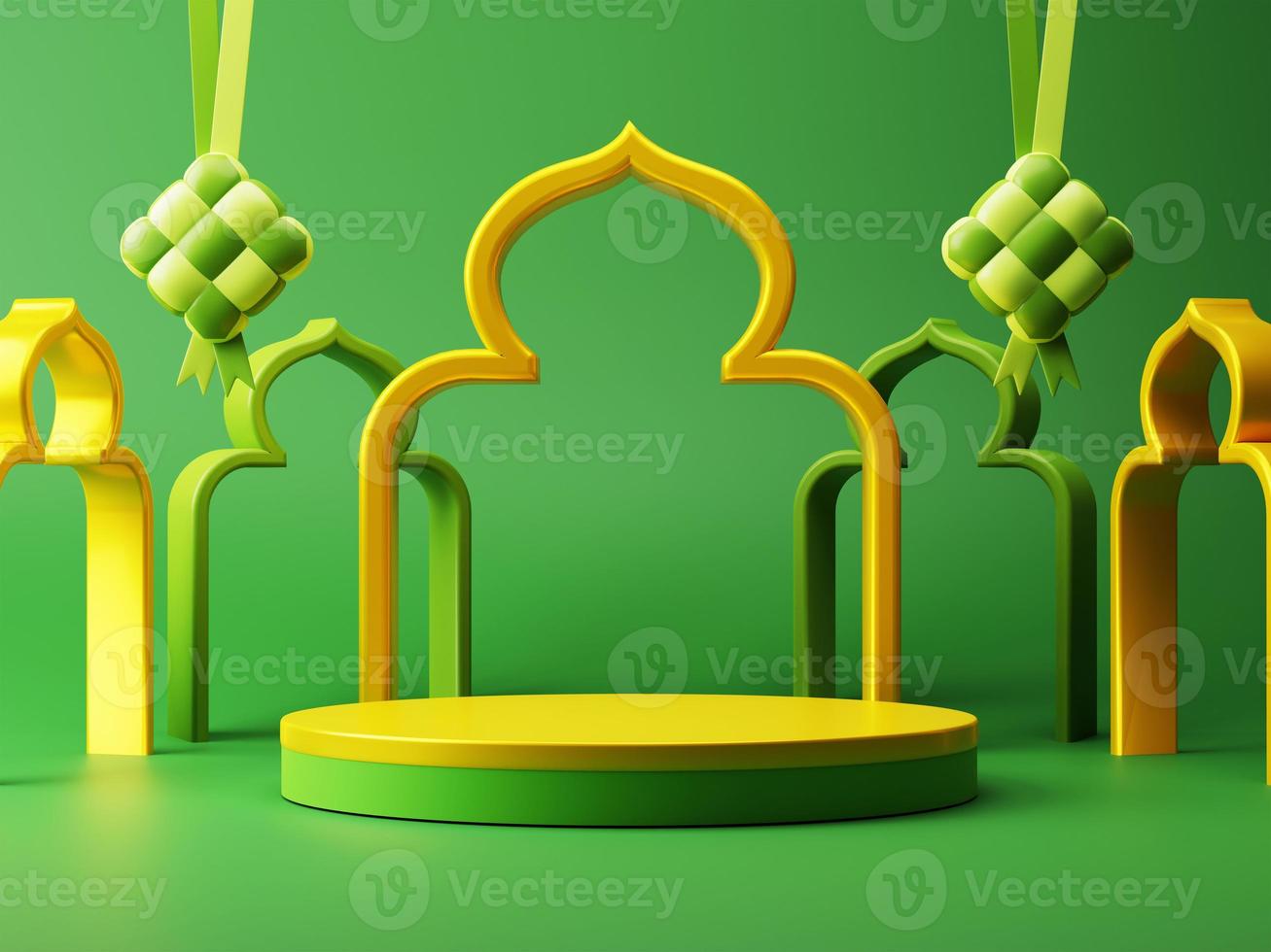 3d framställa ramadan eid mubarak festival firande med tom produkt visa och moské islamic festival dekoration befordran försäljning reklam design foto