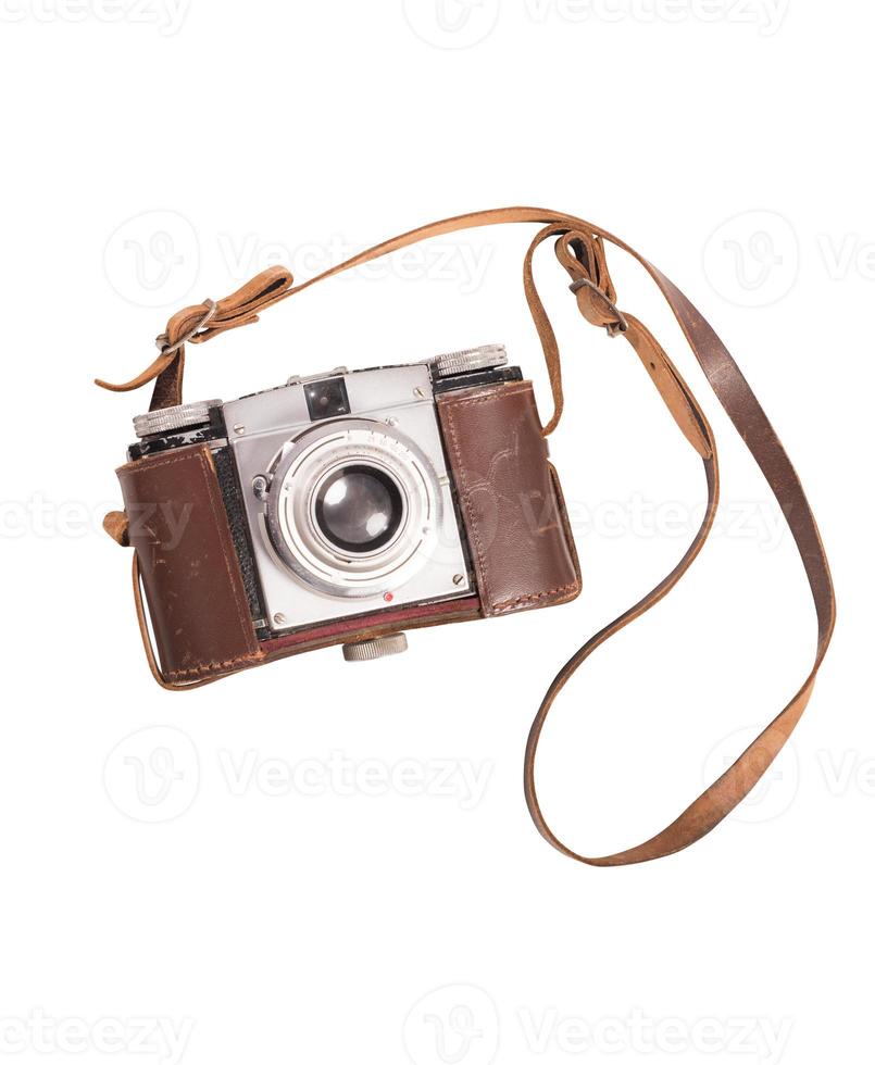årgång fotografisk maskin med brun läder fall och axel rem foto