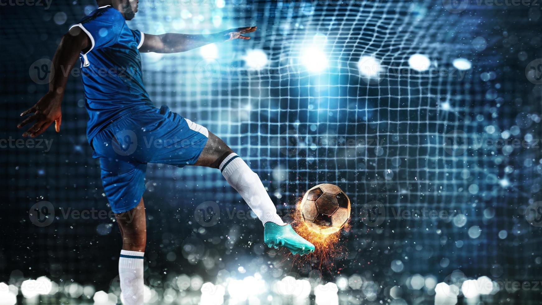 fotboll scen på natt match med spelare sparkar de boll med kraft foto