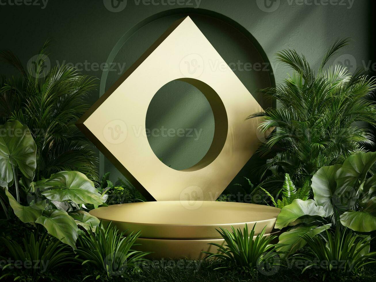 guld podium i tropisk skog för produkt presentation. foto
