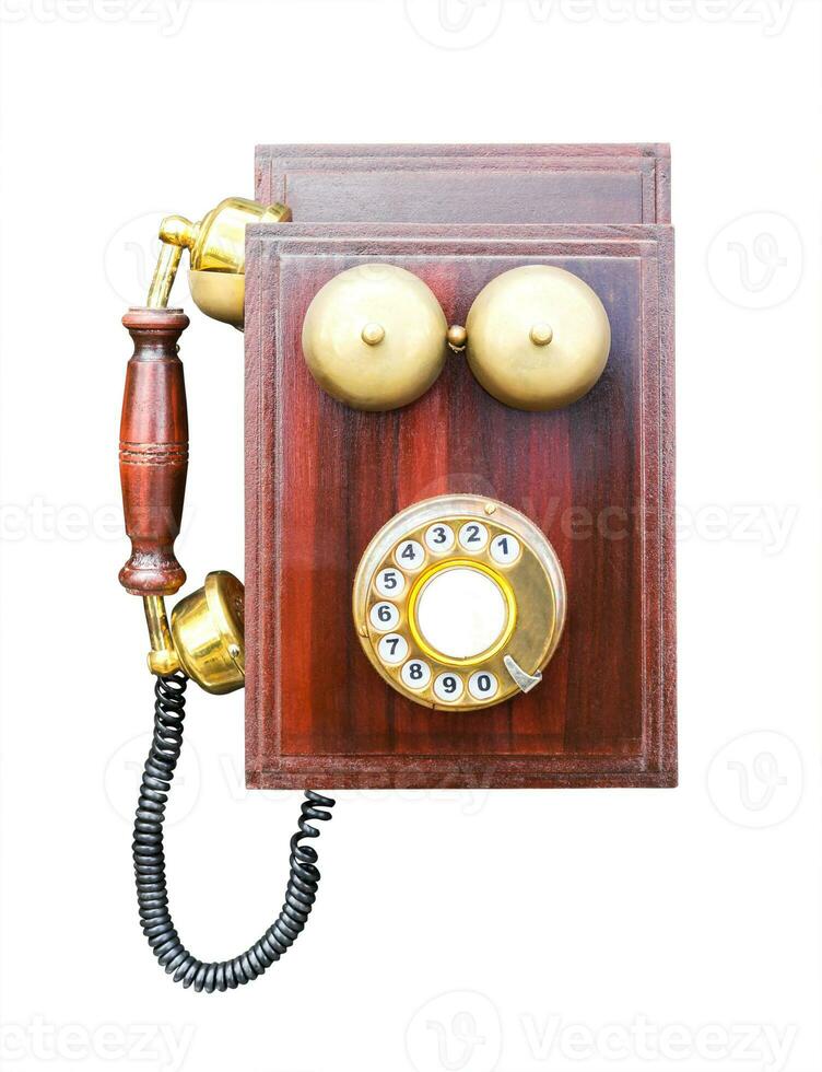 antik trä- telefon isolerat foto