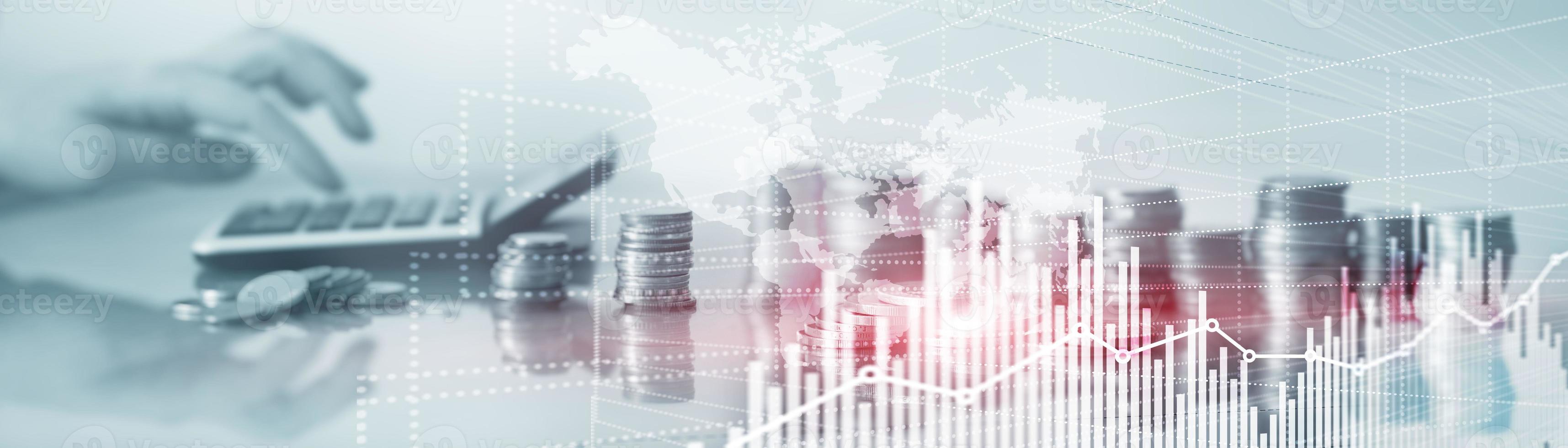 framtida gränssnitt för finansiell teknik. diagram aktiemarknadsdiagram. världskarta på virtuell skärm. webbplats banner. foto