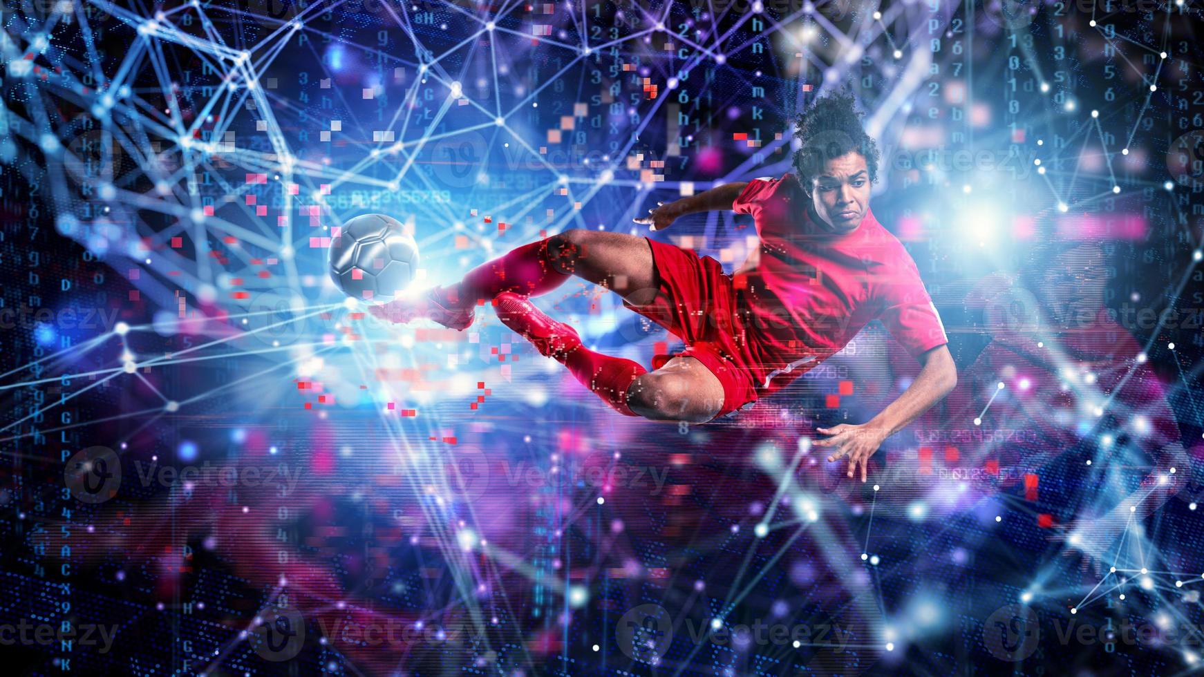 Hoppar fotboll spelare sparka en boll. internet bakgrund. begrepp av slå vad uppkopplad foto