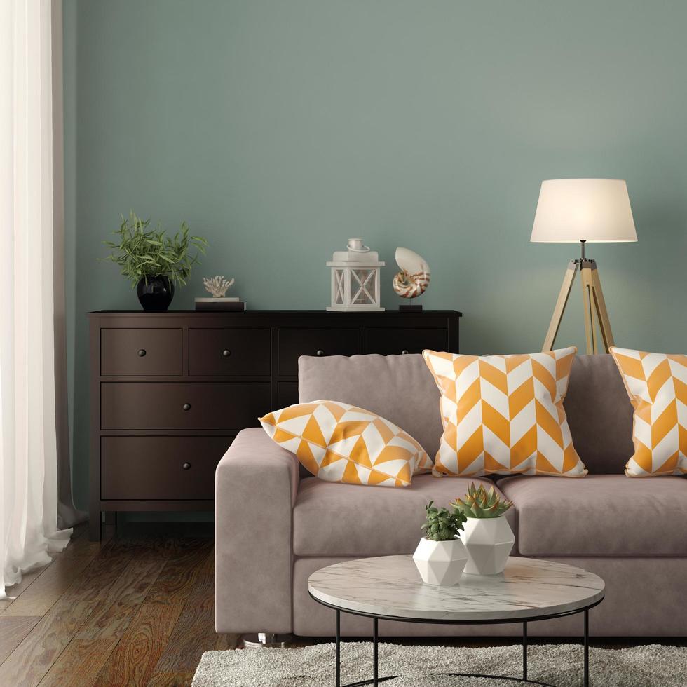 inre av ett modernt vardagsrum med en soffa och möbler i tolkning 3d foto