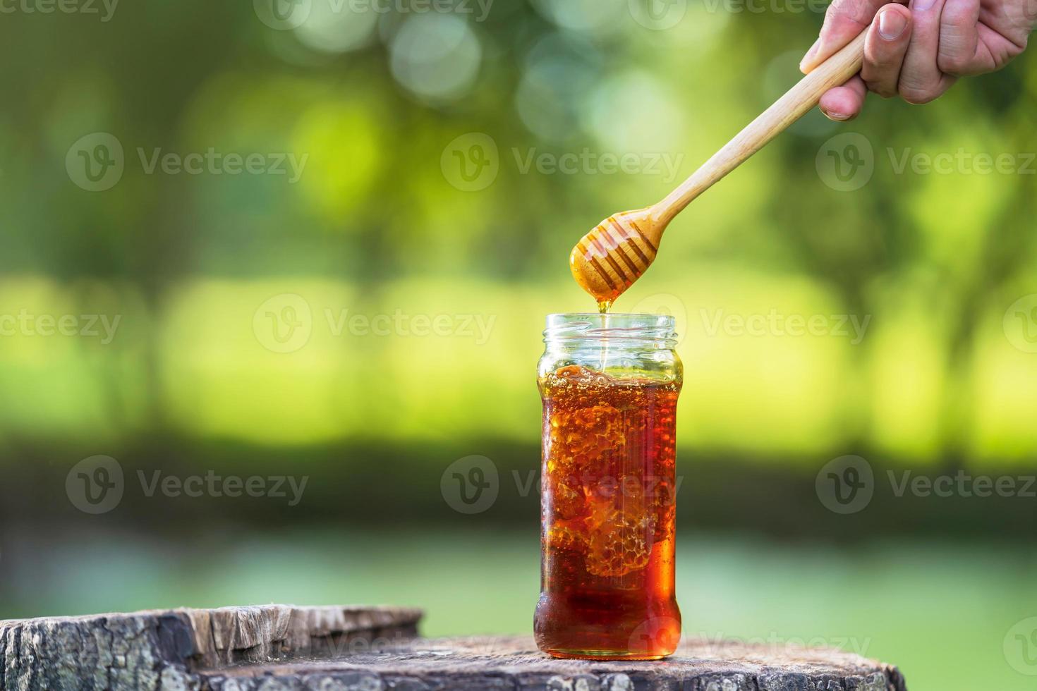 honung som droppar från honungskopa på naturlig grön bakgrund foto