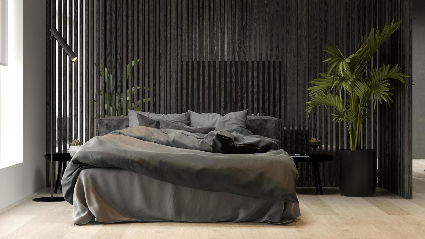 svart minimalistisk inredning av ett modernt hem i tolkning 3d foto