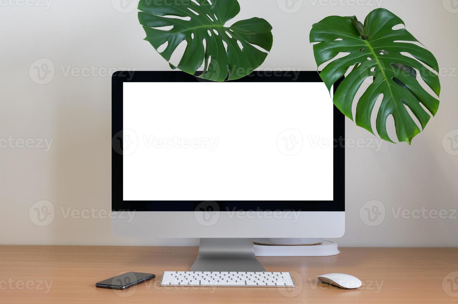 monstera växt och bordsskiva på minimalistisk dek foto