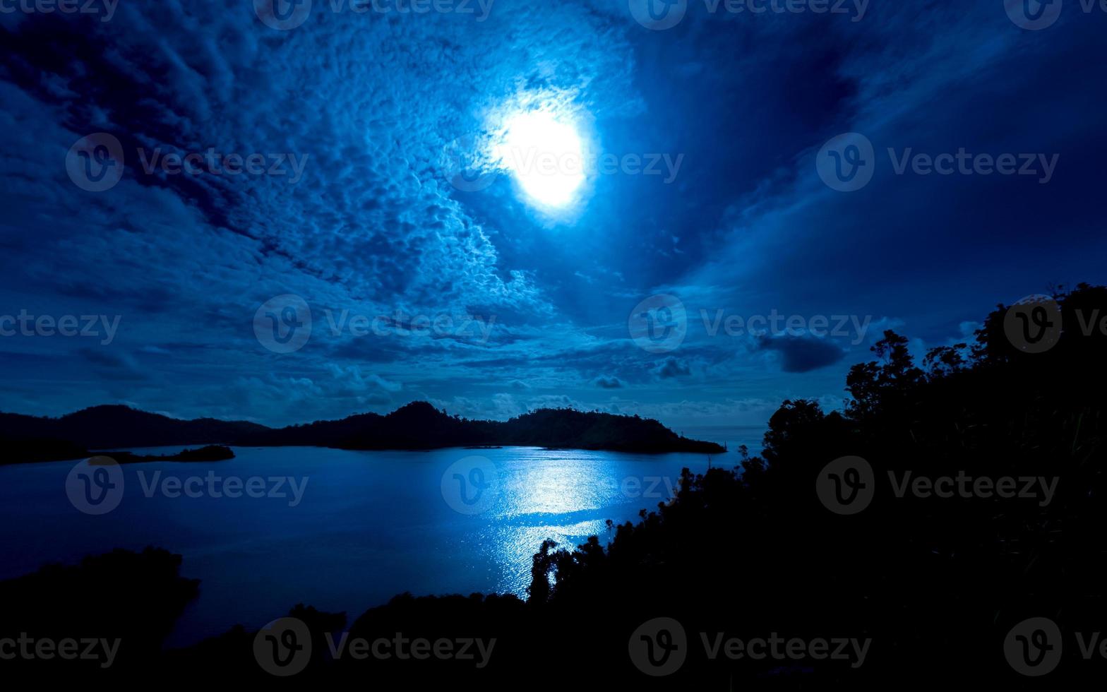 natt panorama med månsken, hav och ö foto