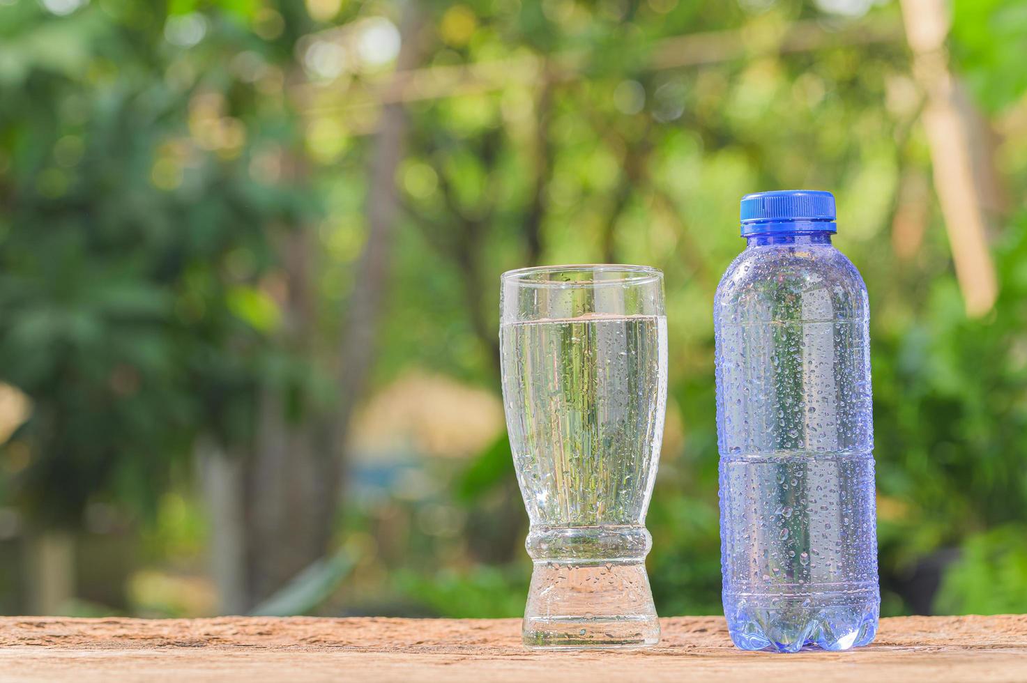 flaska dricksvatten och glas med naturlig bakgrund foto