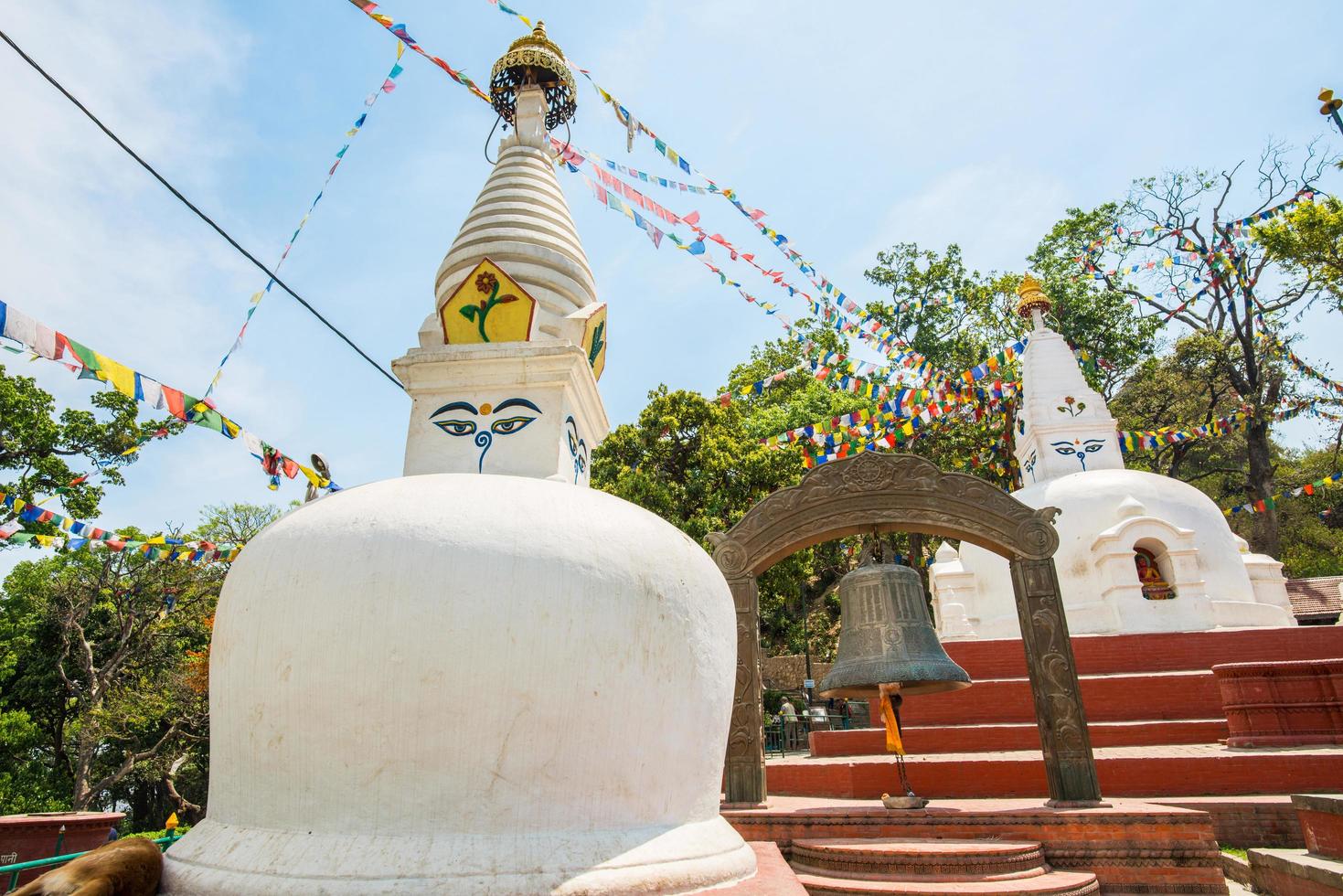 de vit stupa i tibetan stil belägen på de område av swayambhunath tempel på kathmandu dal i kathmandu stad, nepal. foto