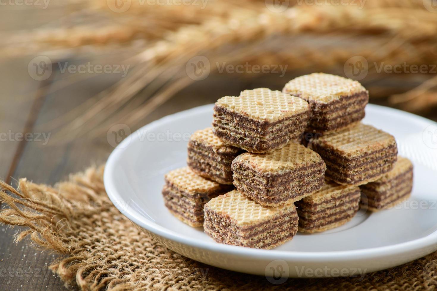 fyrkant choklad rån kex i vit maträtt med blomma korn bakgrund, foto