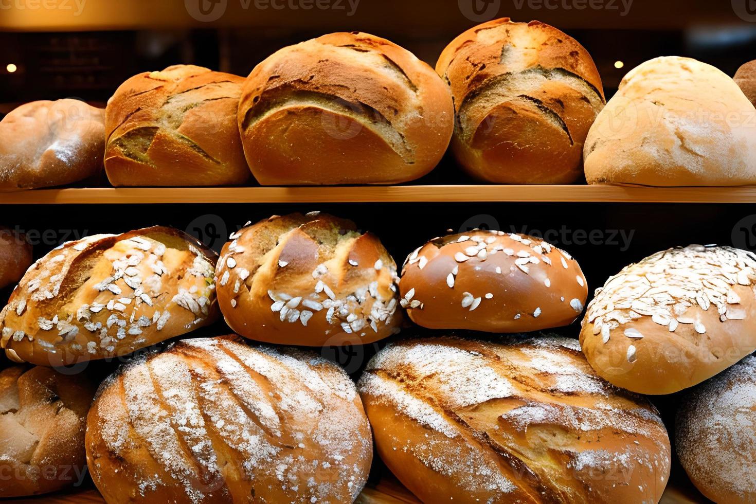 olika bröd försäljning på de visa bageri affär hylla. foto