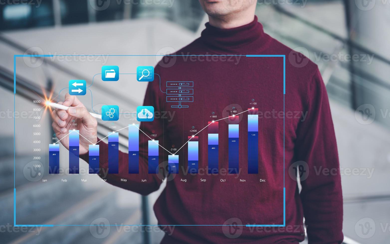 analytiker arbetssätt med företag analys och data förvaltning systemet på Graf göra en Rapportera med kpi och metrik ansluten till databas. företags- strategi för finansiera, operationer, försäljning, marknadsföring foto