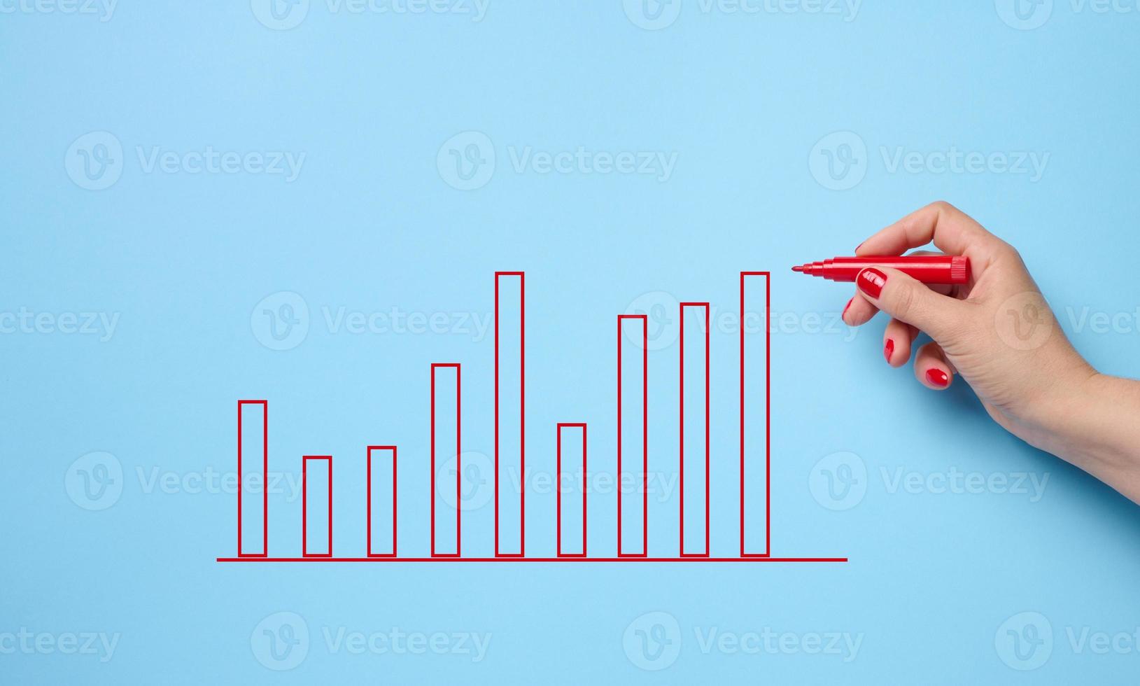 Graf med växande indikatorer och en kvinna hand med en markör på en blå bakgrund. de begrepp av framgångsrik försäljning i företag, inflation och stigande priser foto