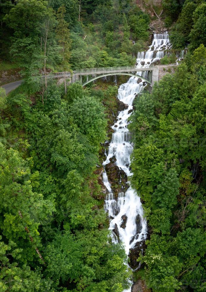 en bro leder över en vattenfall omgiven förbi grön växter. foto