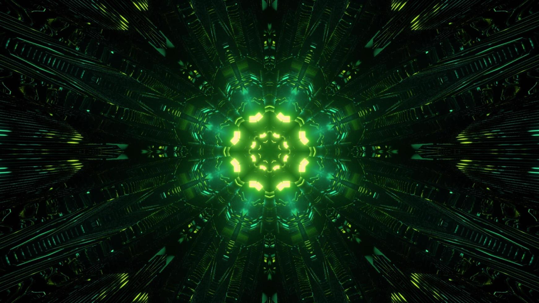 Illustration 3d av strålar av grönt ljus som kalejdoskopbakgrund foto