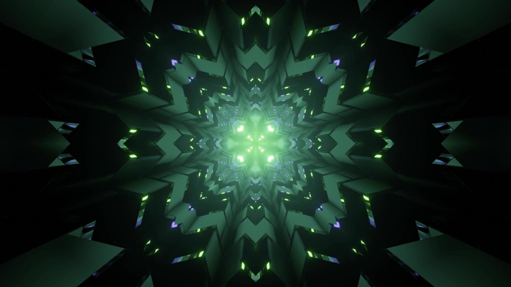 Illustration 3d av grön neonfraktalprydnad med geometriska diagram foto
