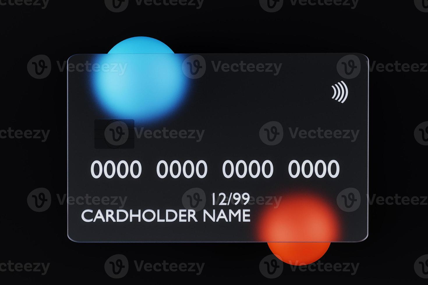 3d framställa av transparent glas kreditera kort på mörk bakgrund foto