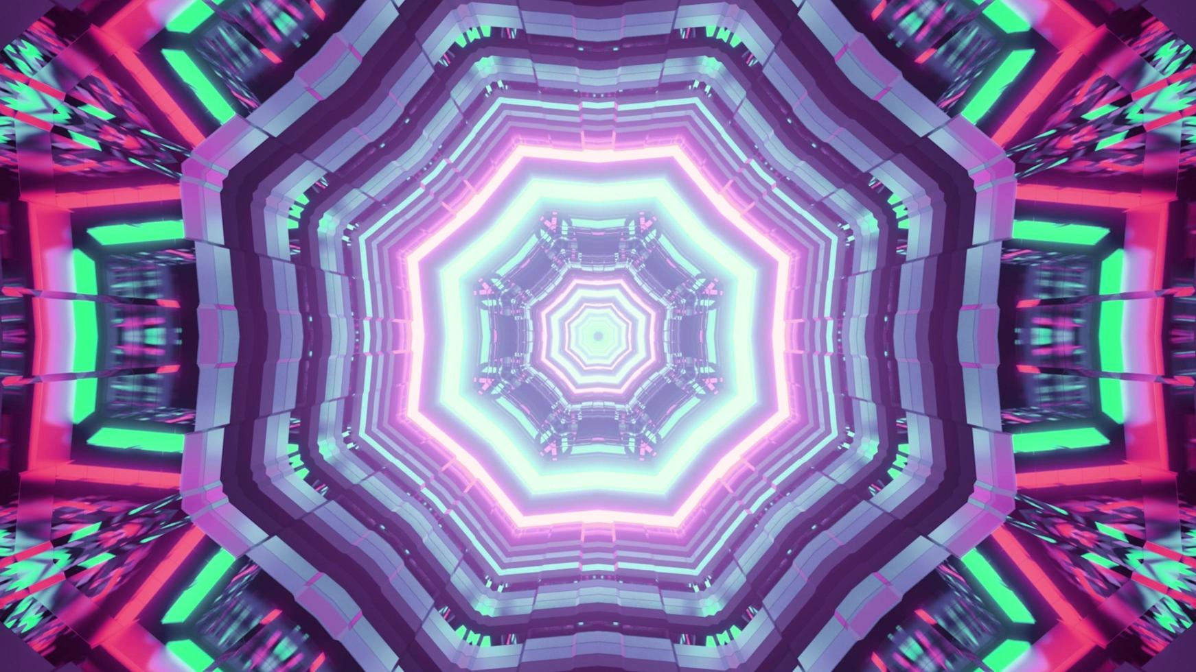 färgglad neontunnel 3d illustration med geometrisk prydnad foto