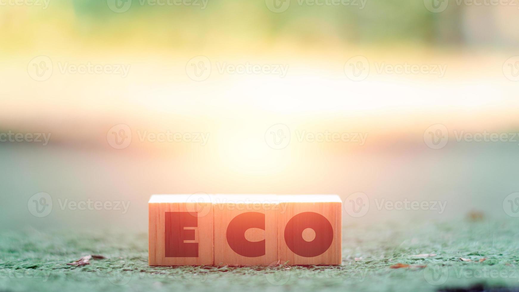ekologi och hållbar begrepp. trä- blockera med alfabet eco på grön natur bakgrund. foto