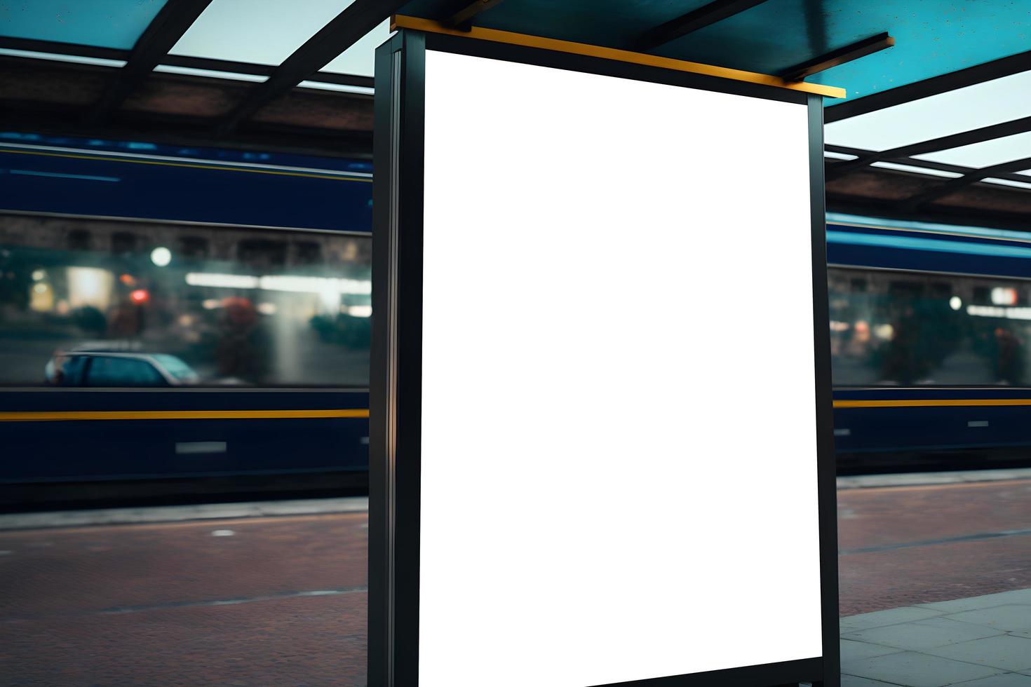 stänga upp av vertikel tom anslagstavla attrapp i stad med tåg rör på sig i bakgrund, tömma anslagstavla attrapp på tåg station, tom Skyltning styrelse på station. fri Foto