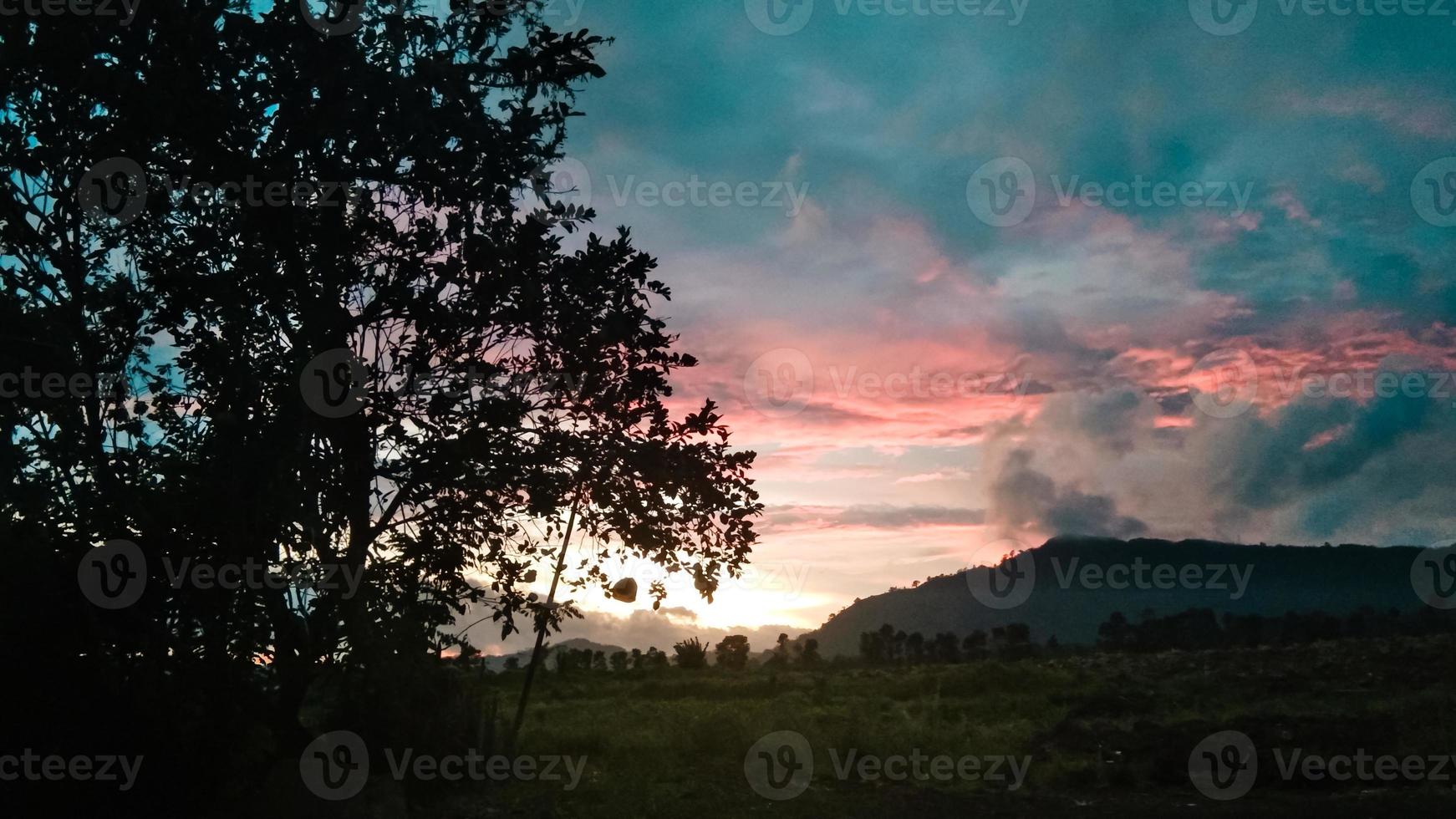 solnedgång på de fot av de bergen med skuggig träd foto