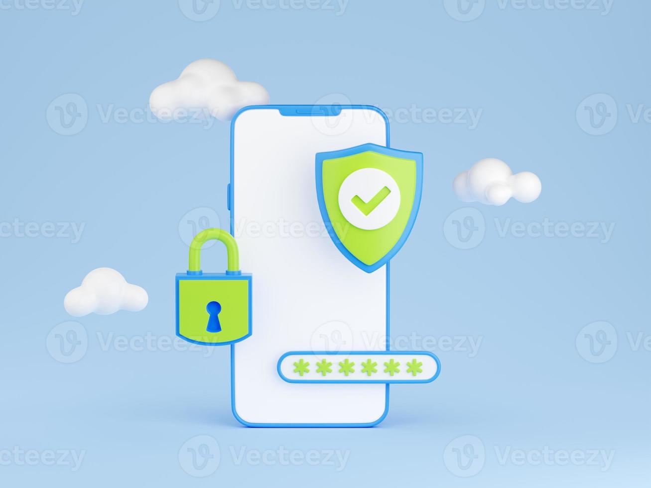 personlig data säkra 3d framställa - hänglås, Lösenord fält och bock skydda på mobil telefon skärm. foto