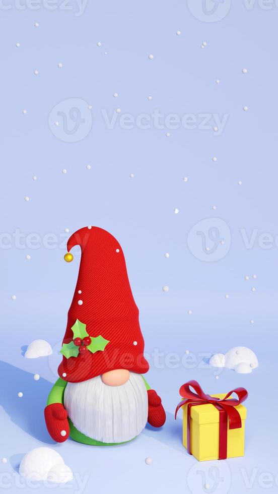 jul scandinavian gnome med gåva låda och snö 3d framställa illustration. foto