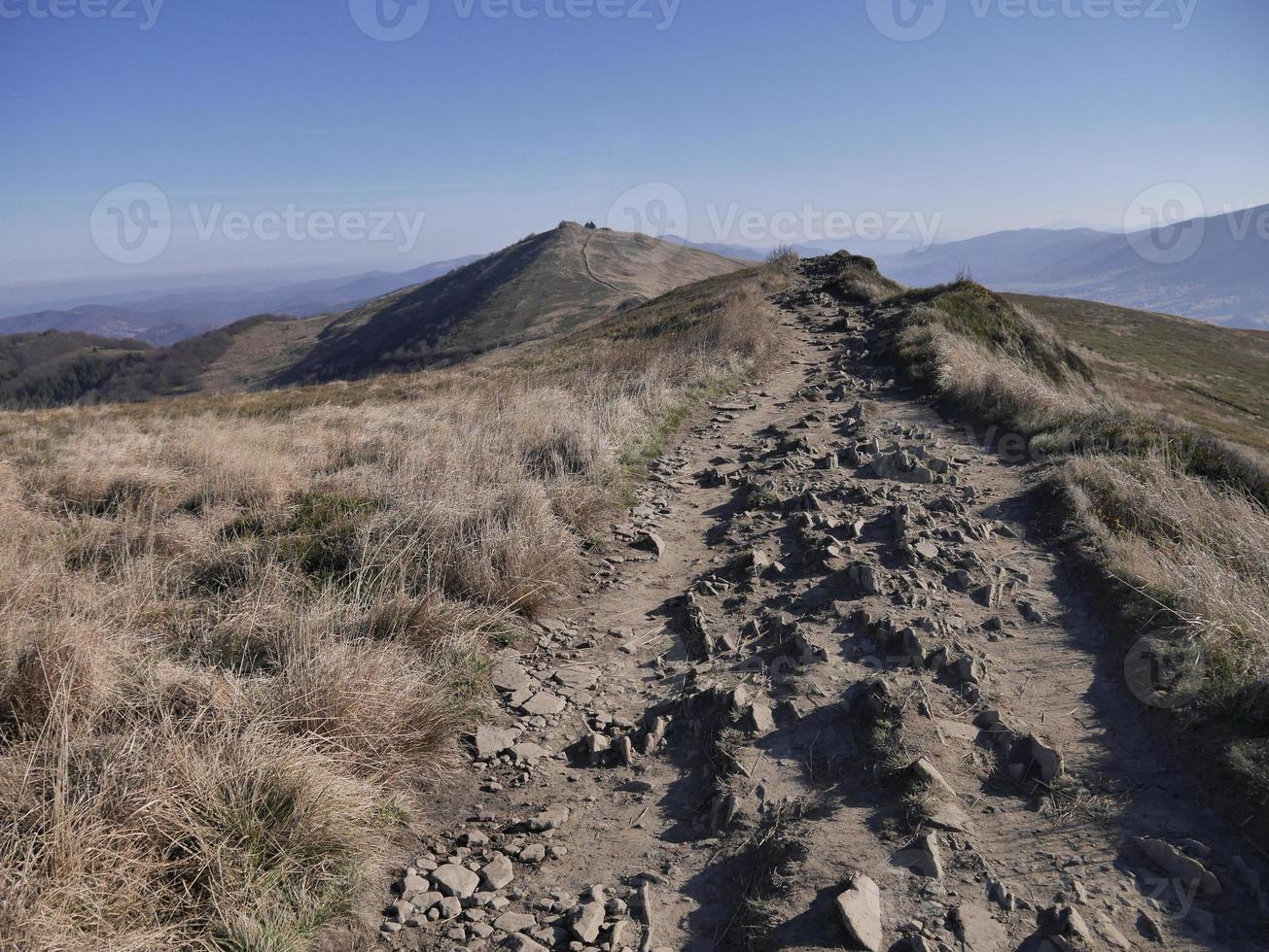 landskap av smutsbana i ett fält med bieszczady-bergen i Polen foto