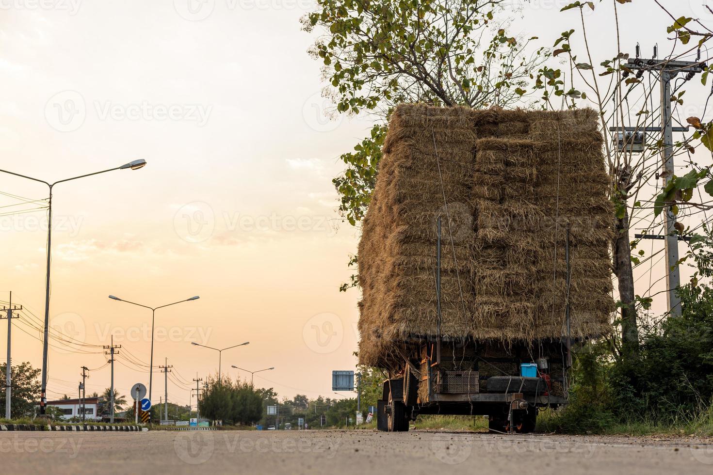 en sektion av ett jordbruks fordon lastad med balar av sugrör. foto