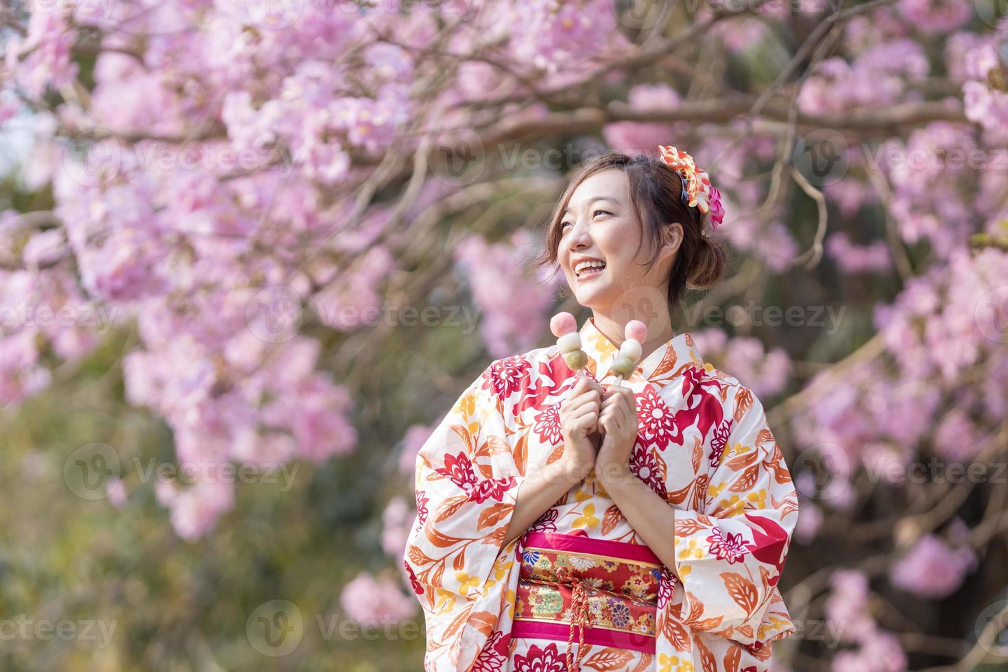 japansk kvinna i traditionell kimono klänning innehav ljuv hanami dango efterrätt medan gående i de parkera på körsbär blomma träd under vår sakura festival med kopia Plats foto