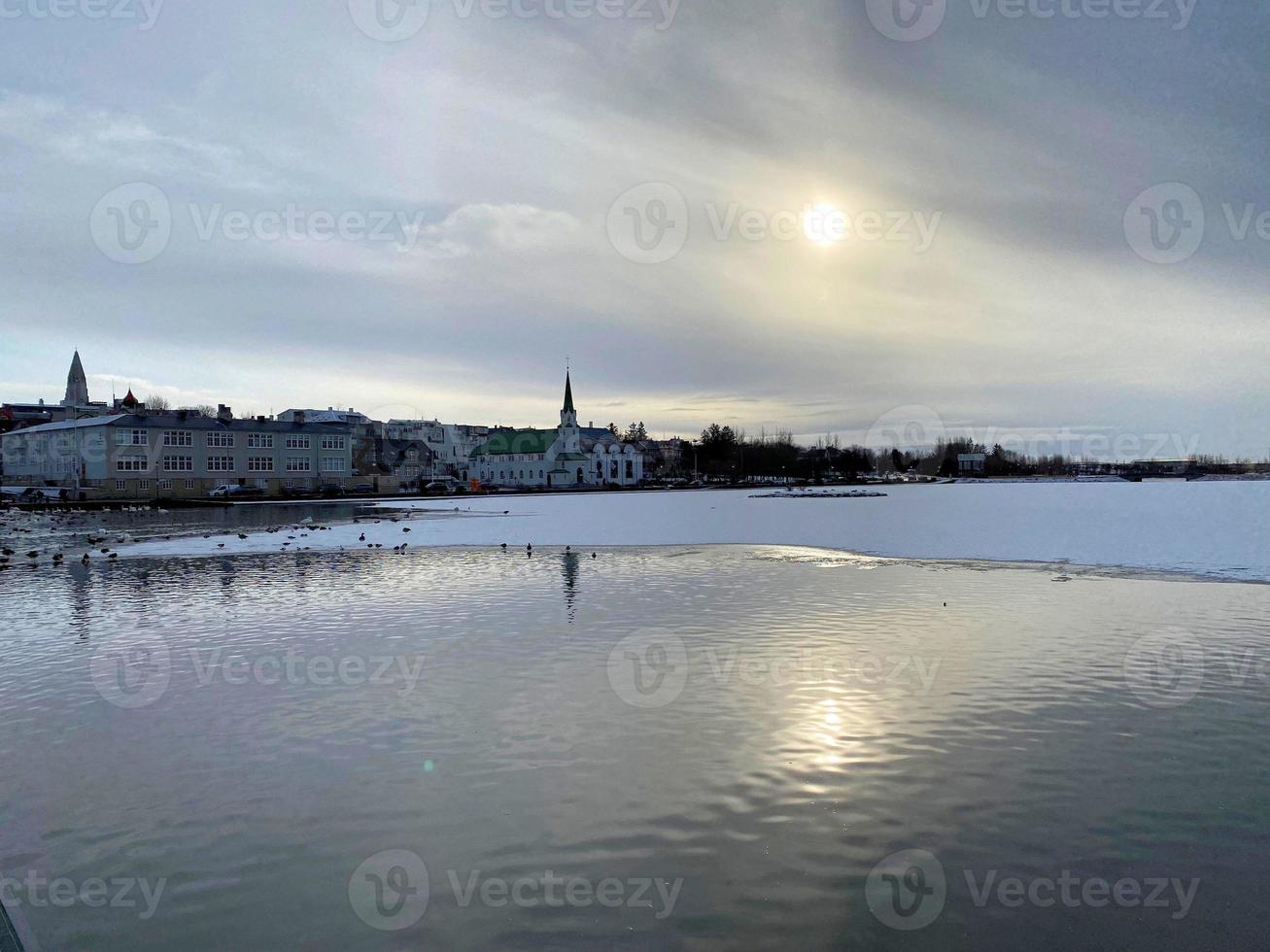 en se av en sjö i reykjavik nära stad hall foto
