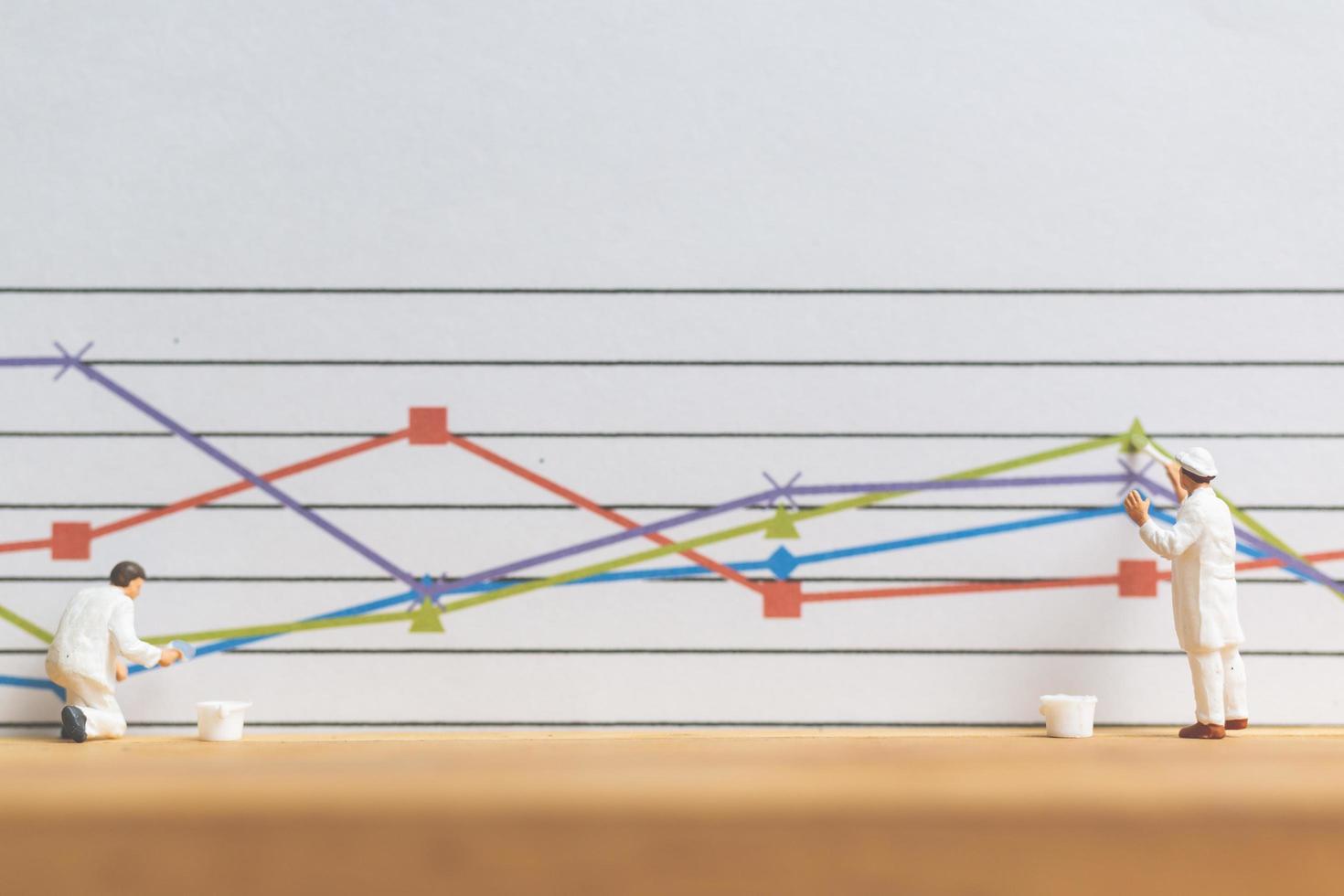 miniatyrarbetare målar affärsdiagram på en vit bakgrund, affärstillväxtkoncept foto