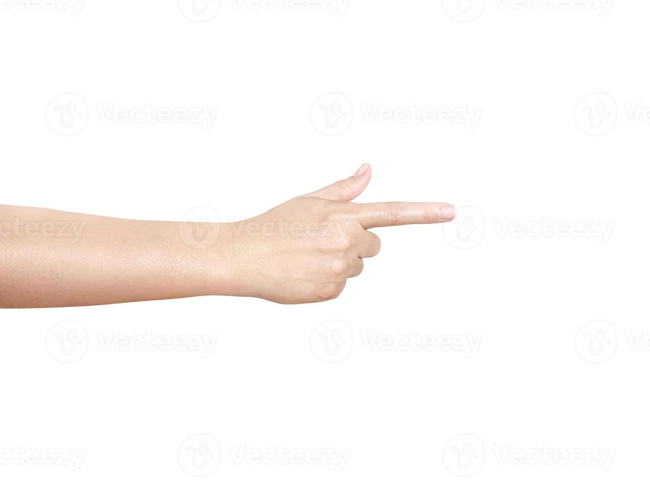 kvinna hand pekande framåt- isolerat på vit bakgrund foto