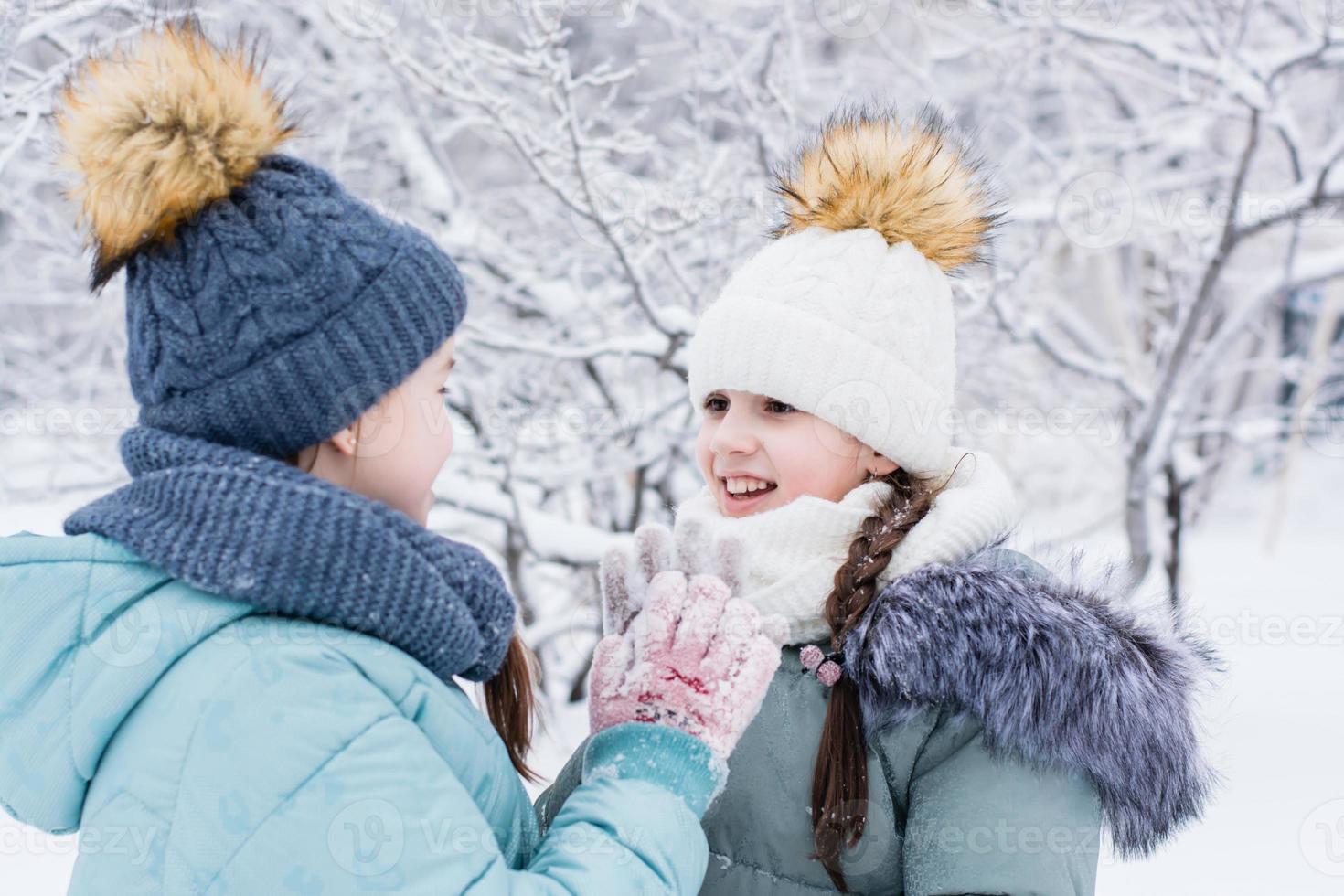 två leende flickor i värma kläder träffade i en snöig parkera. vinter- promenader, livsstil foto