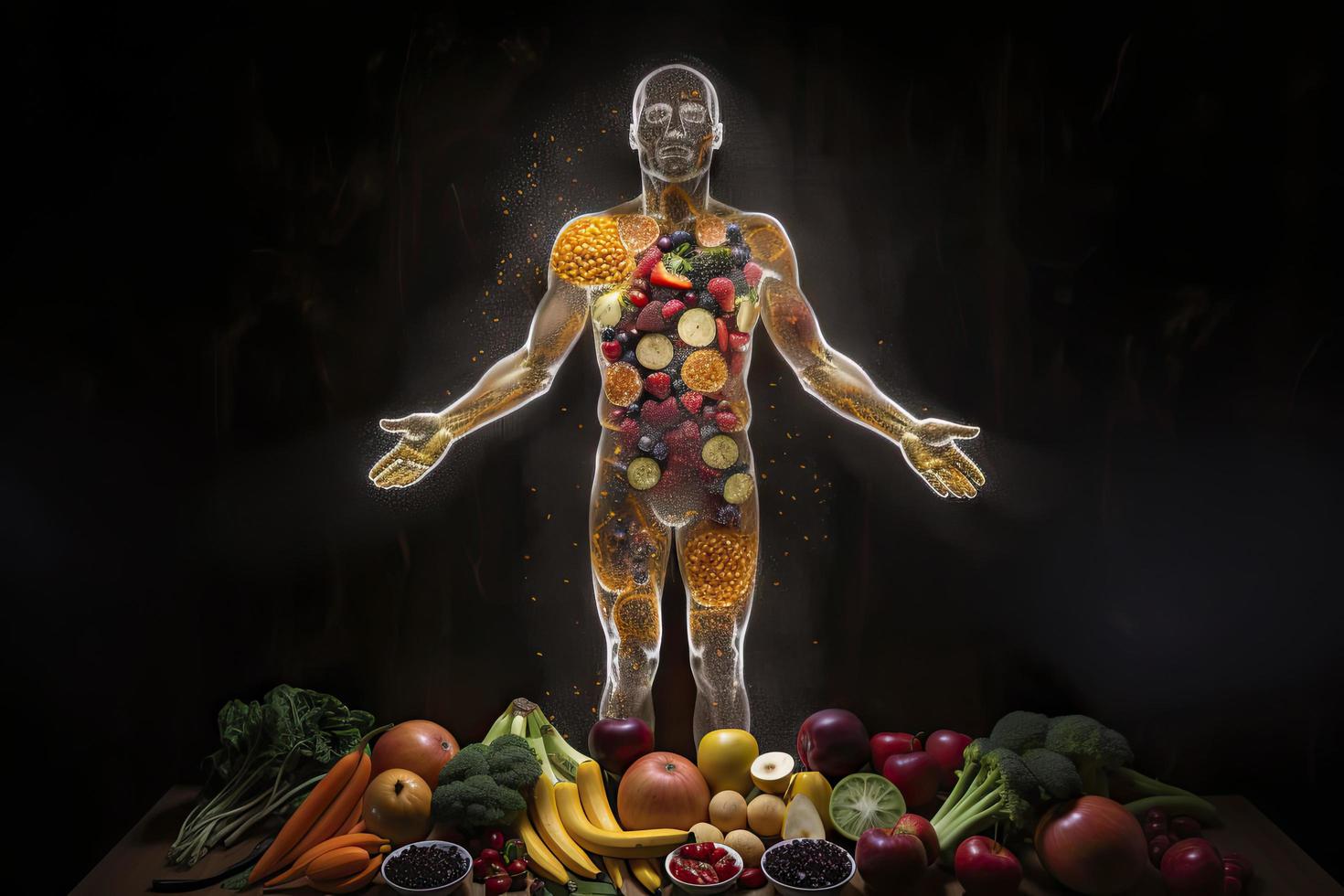 översikt av en mänsklig med bultar av energi löpning genom de kropp, de kropp är omgiven förbi frukt foto