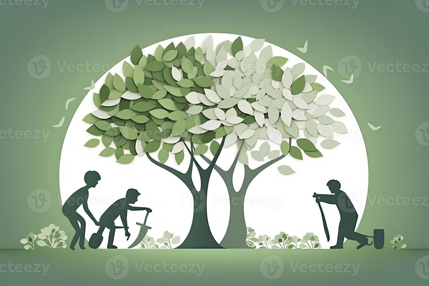 berså dag baner. papper skära illustration av två vuxen silhuetter plantering en små träd i natur för grönare de värld miljö foto