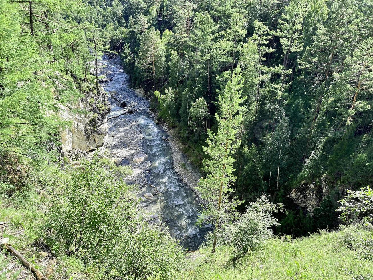 berg flod strömmande i en dal mellan en skog och en hög klippa, buryatia, ryssland foto