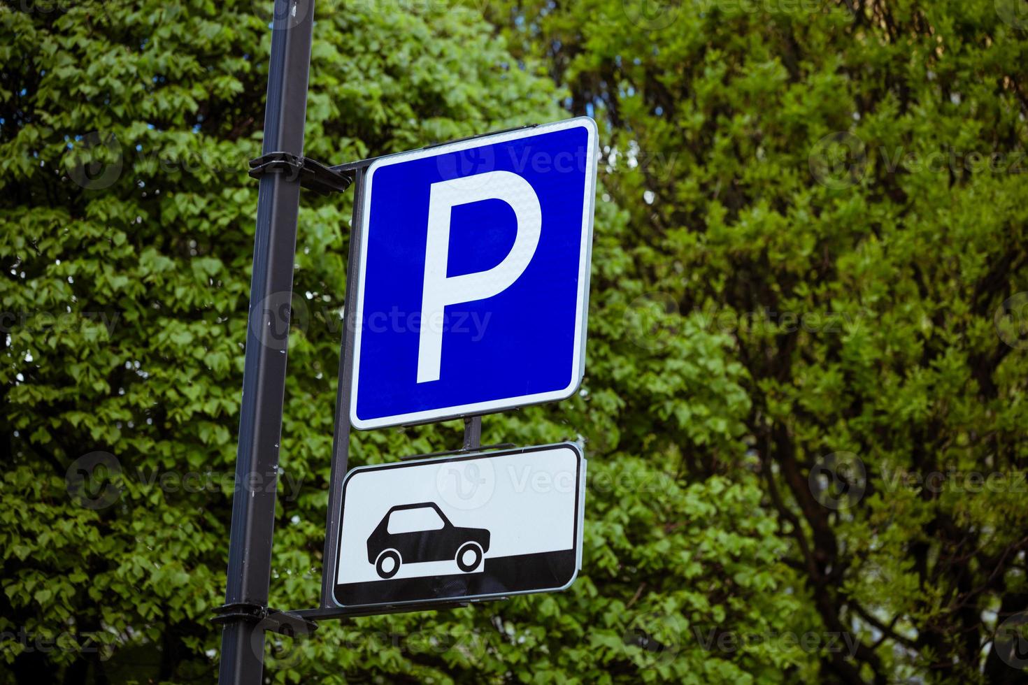 parkering tecken för bilar på naturlig bakgrund foto