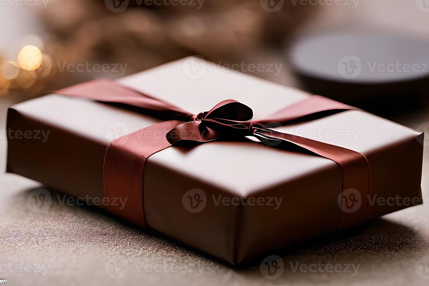 små söt brun gåva låda med bokeh bakgrund, bakgrund och bakgrund. foto