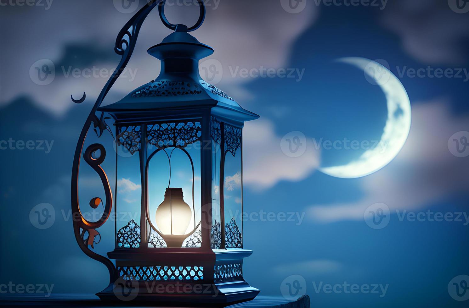 virtuell ramadan kareem firande med ai-genererad arabicum lykta, ljus, och måne på en blå bakgrund foto